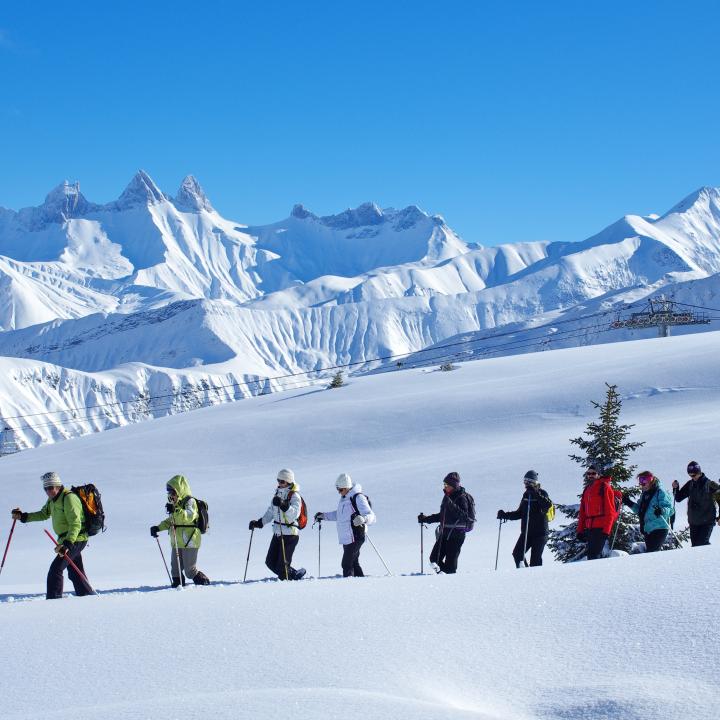 Groupe de raquettistes avec un guide face aux Aiguilles d'Arves