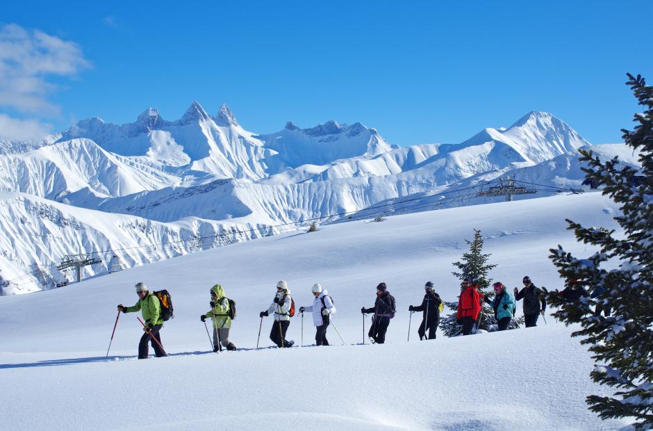 Groupe de raquettistes avec un guide face aux Aiguilles d'Arves